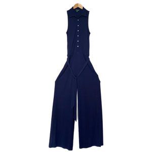 Ralph Lauren Women's Navy Sleeveless Front Button Belted Wide Leg Jumpsuit S